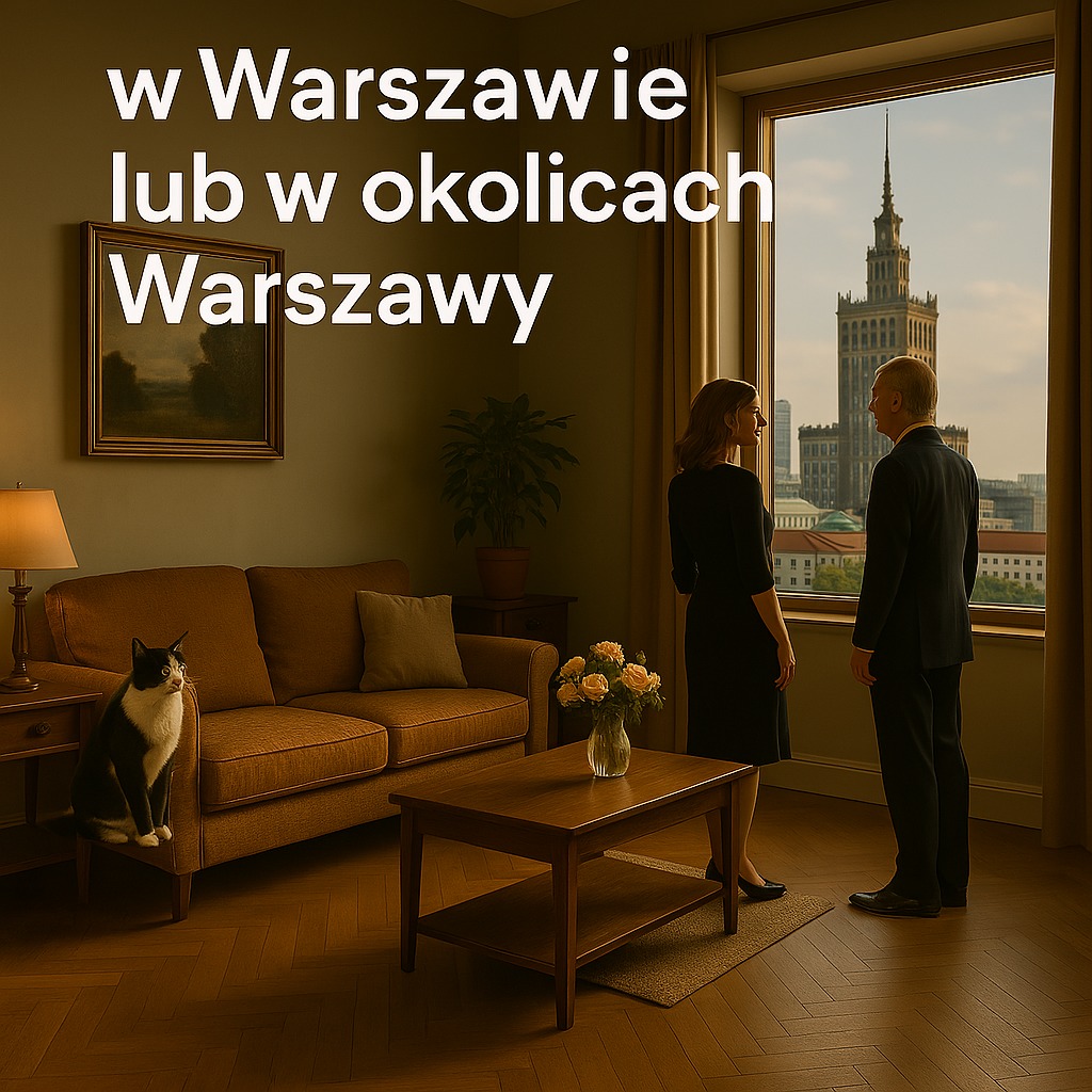 Eleganckie wnętrze z parą podziwiającą Pałac Kultury przez okno. Kot siedzi na kanapie, dodając przytulności. Parkiet w jodełkę i stonowana kolorystyka.