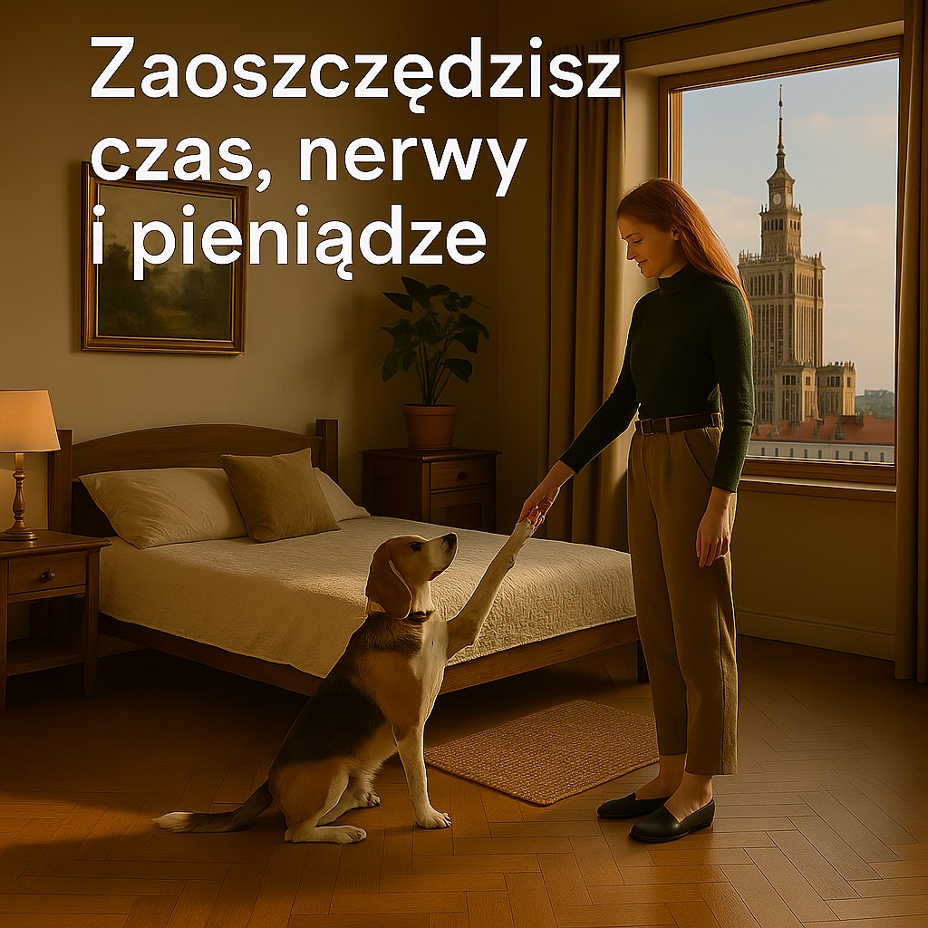 Kobieta podaje łapę psu w pokoju z widokiem na Pałac Kultury. Tekst: Zaoszczędzisz czas, nerwy i pieniądze. Drewniana podłoga w jodełkę, ciepłe oświetlenie.