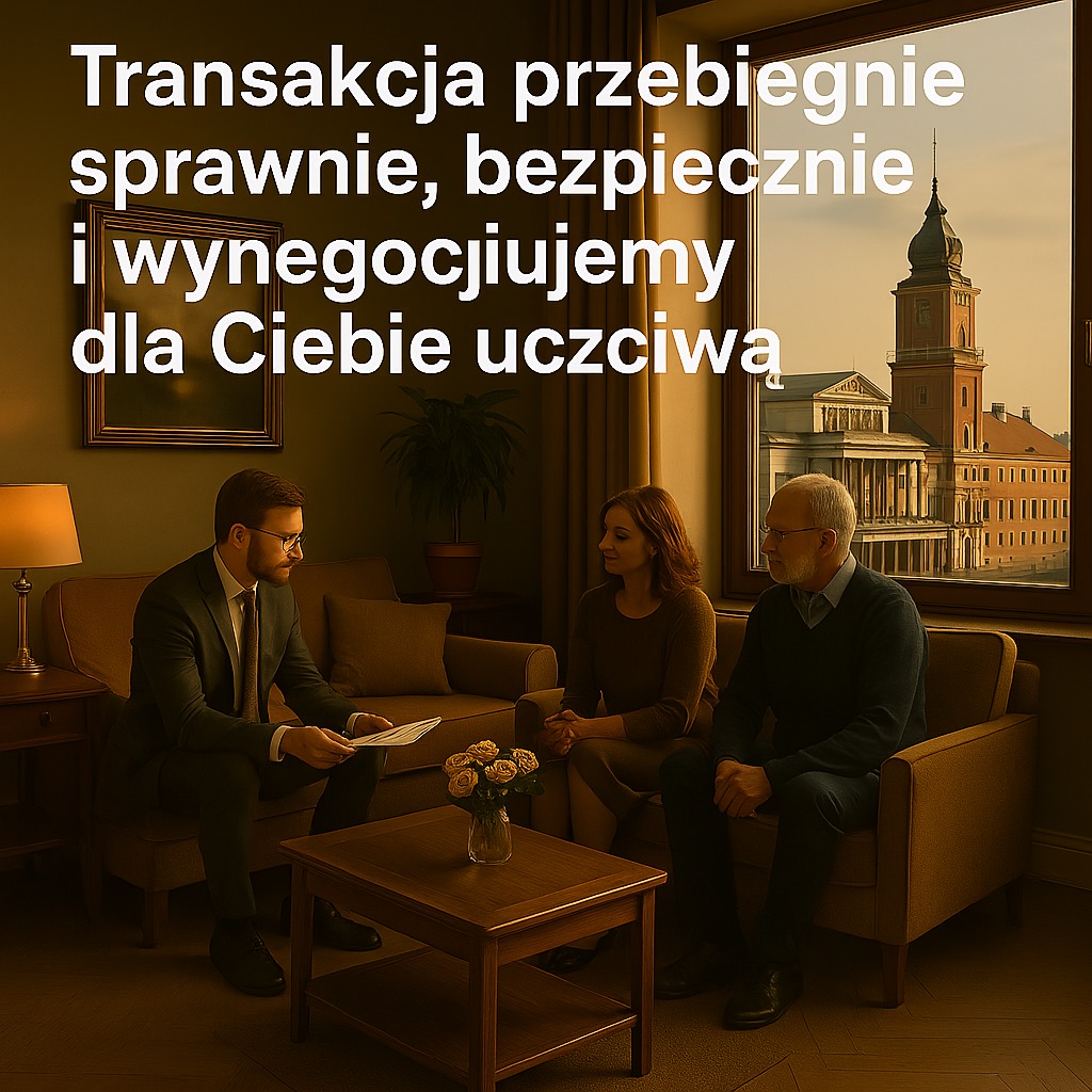 Spotkanie agenta nieruchomości z parą klientów w biurze, widok na Stare Miasto przez okno. Profesjonalizm i zaufanie w transakcjach.