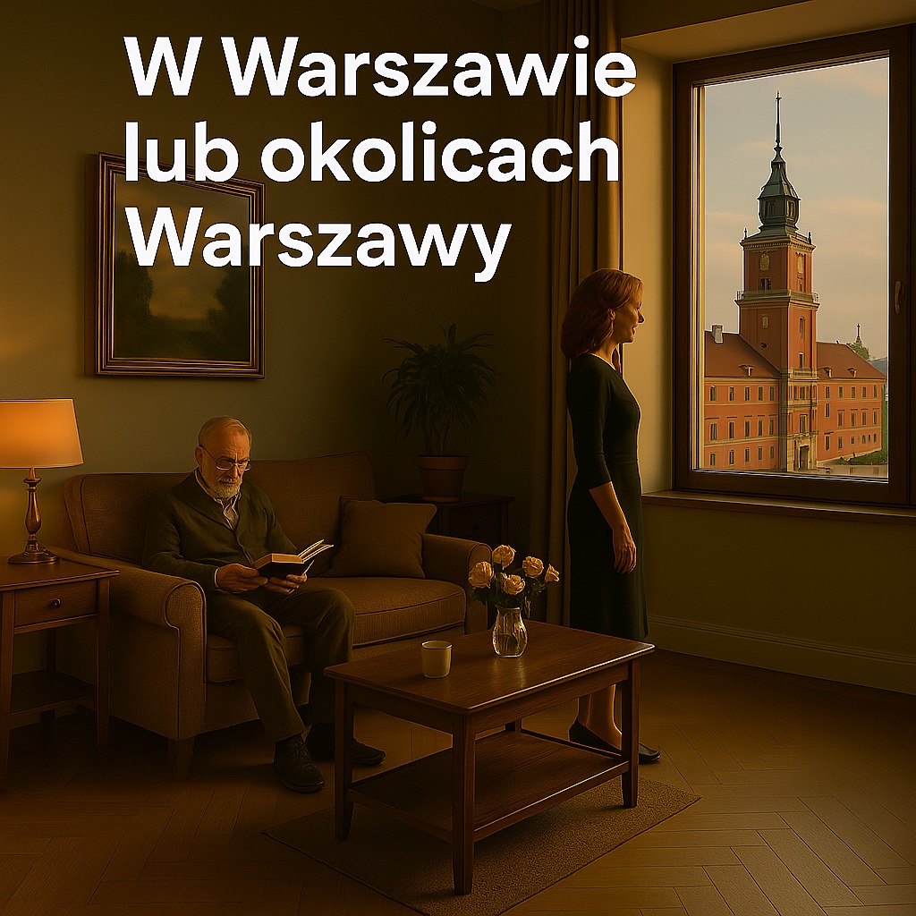 Wnętrze mieszkania w Warszawie z widokiem na Zamek Królewski. Starszy pan czyta książkę na kanapie, kobieta stoi przy oknie. Tekst promocyjny na zdjęciu.
