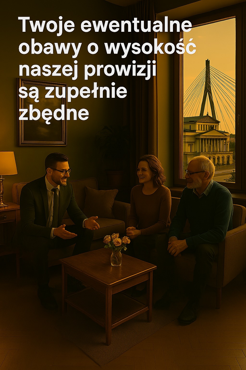 Spotkanie agenta z klientami w biurze nieruchomości z widokiem na most i Teatr Wielki, rozmowa o prowizji, tekst: 'Twoje obawy o wysokość naszej prowizji są zbędne'.