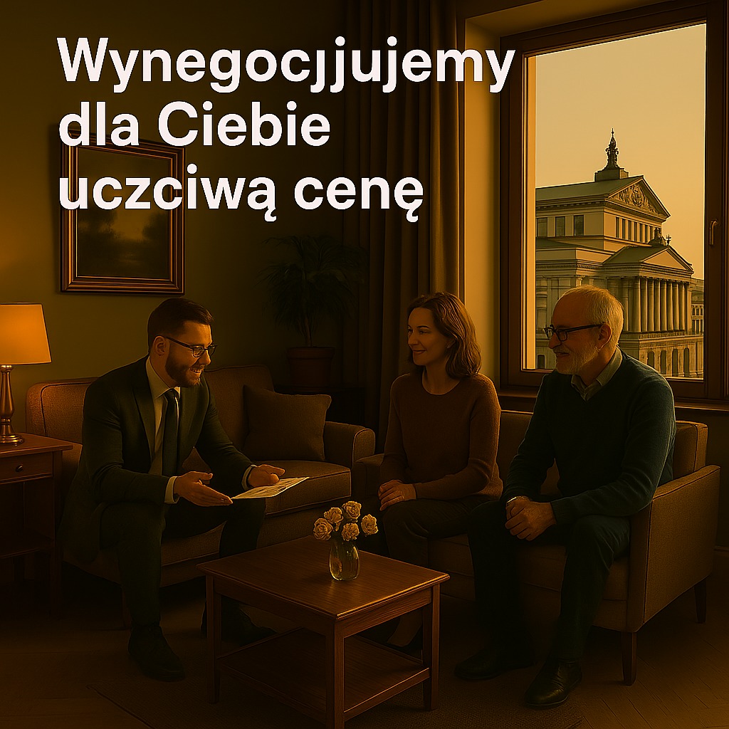 Agent nieruchomości prezentuje ofertę parze w eleganckim wnętrzu, z widokiem na budynek opery za oknem. Negocjacje cenowe.