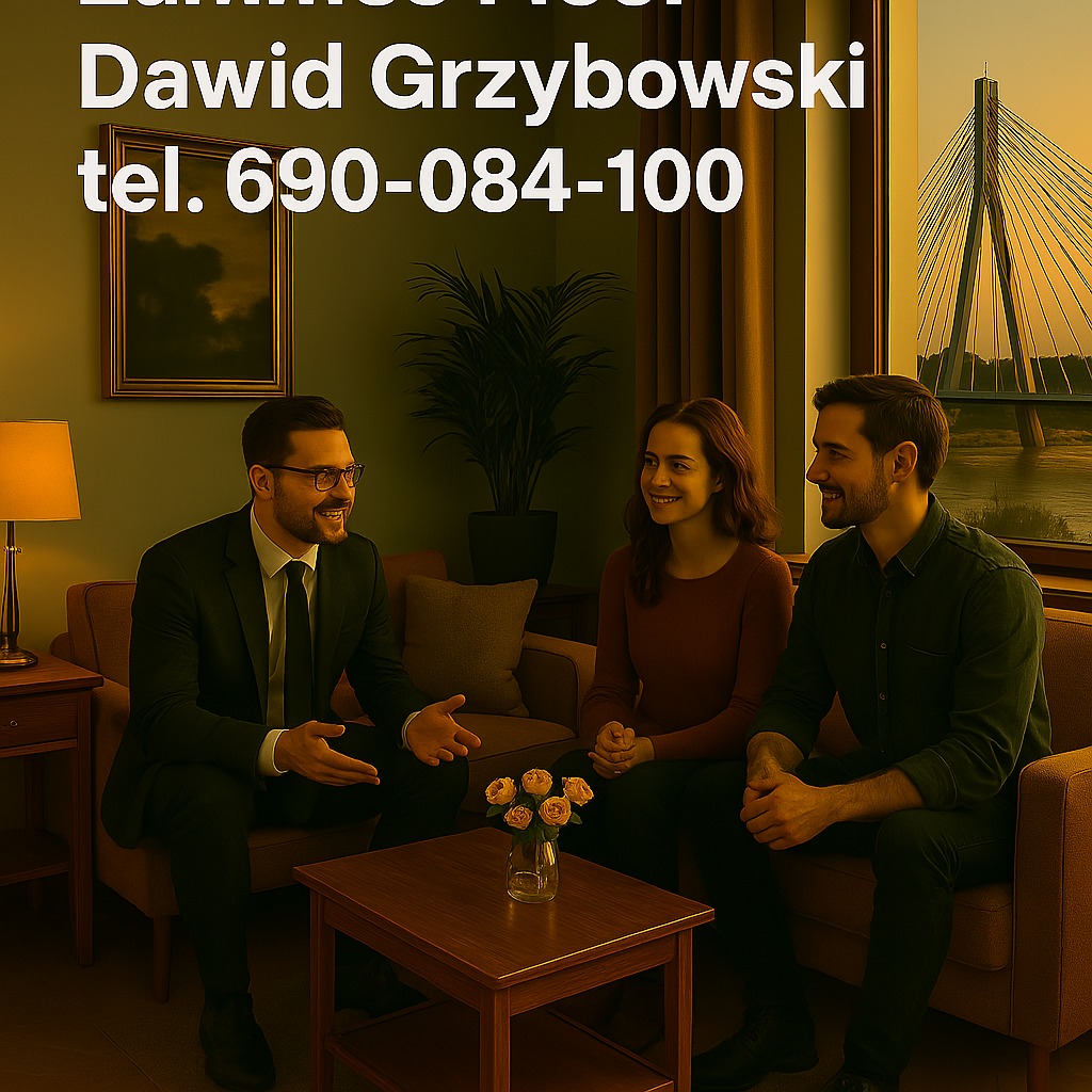 Agent nieruchomości Dawid Grzybowski rozmawia z parą w biurze. W tle widok na most i rzekę. Kontakt: tel. 690-084-100.