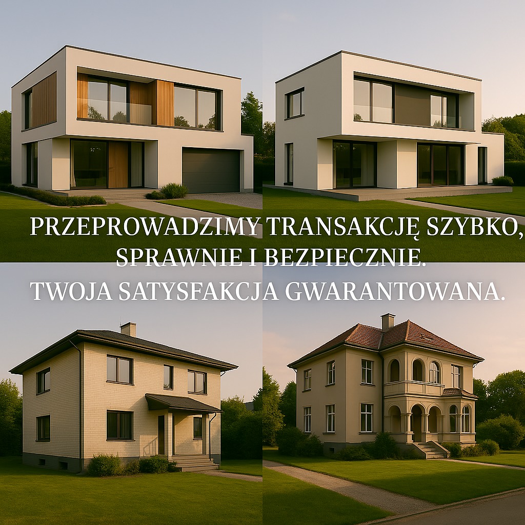 Dwa nowoczesne i dwa klasyczne domy na zielonych trawnikach. Napis: Przeprowadzimy transakcję szybko, sprawnie i bezpiecznie. Twoja satysfakcja gwarantowana.