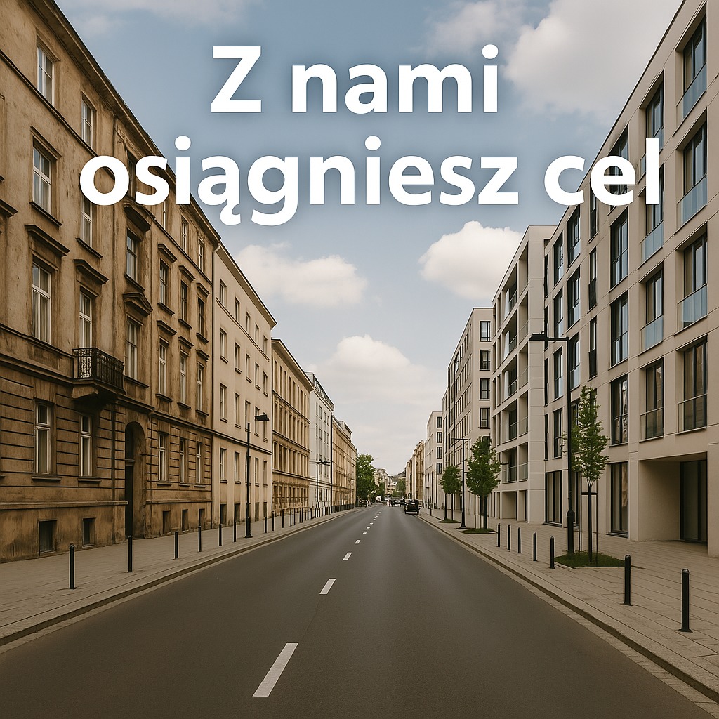 Ulica miejska z budynkami w stylu klasycznym i nowoczesnym, perspektywa z napisem 'Z nami osiągniesz cel' na tle nieba.