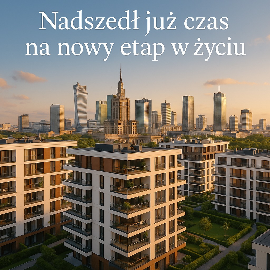 Nowoczesne apartamenty w Warszawie z widokiem na panoramę miasta o zachodzie słońca. Tekst: Nadszedł już czas na nowy etap w życiu.