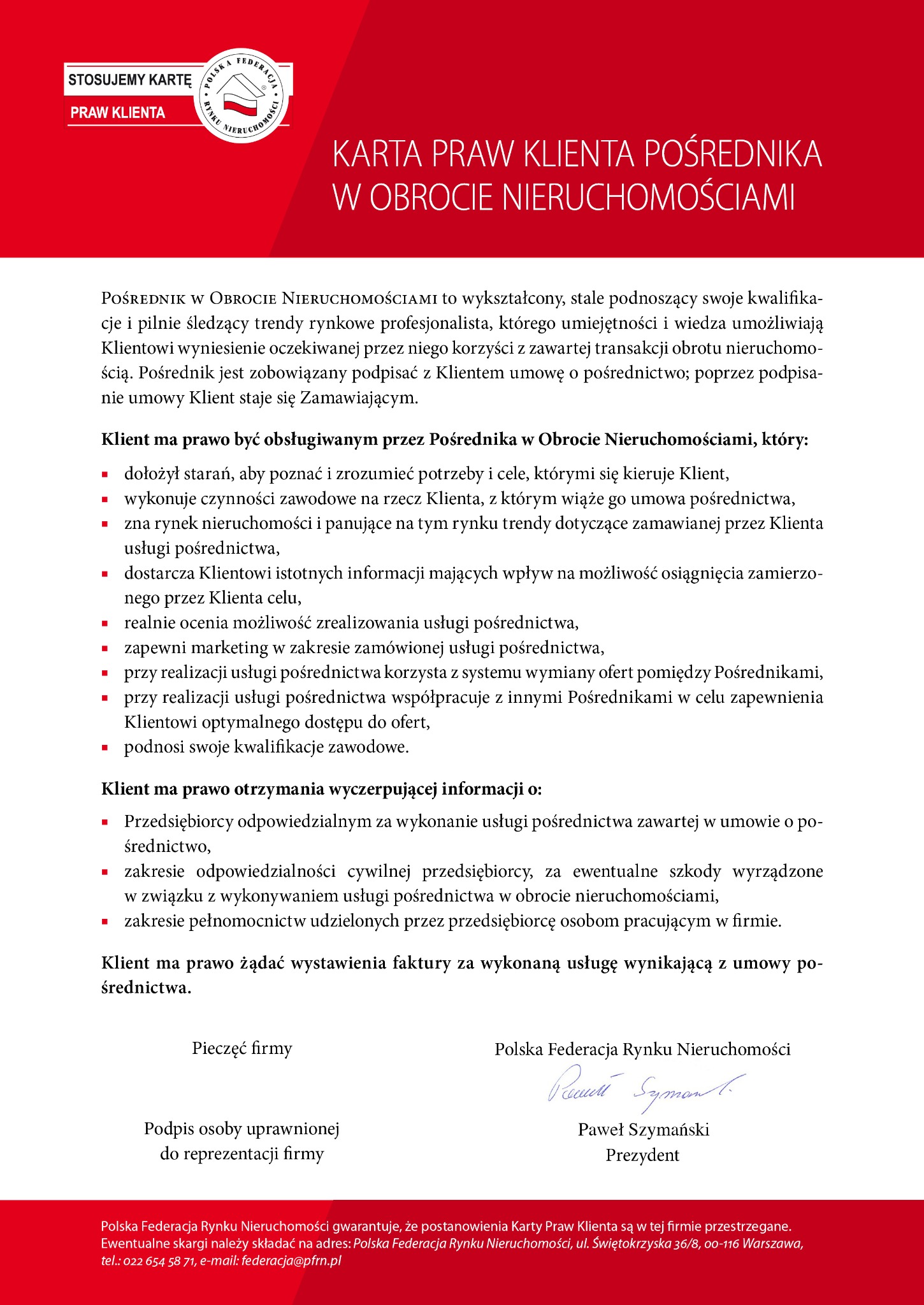 Karta Praw Klienta Pośrednika w Obrocie Nieruchomościami. Dokument informujący o standardach obsługi klienta przez pośrednika nieruchomości.