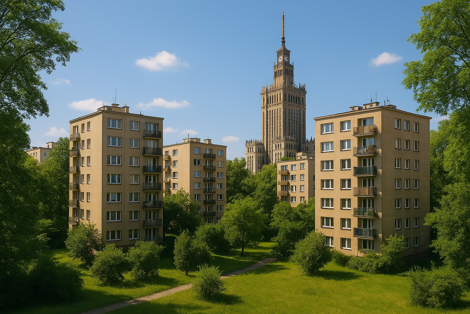 Warszawa: Blok mieszkalny z balkonami i Pałac Kultury w tle, widok z parku, słoneczny dzień, zieleń drzew.