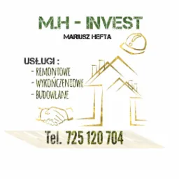 Logo firmy M.H - INVEST Mariusza Hefty, oferującej usługi remontowe, wykończeniowe i budowlane, z numerem telefonu 725 120 704, stylizowane na złoto z motywem budynków i uścisku dłoni.