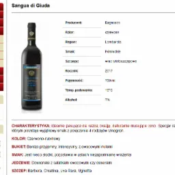 Butelka czerwonego wina Bagnasco Sangua di Giuda z regionu Oltrepo Pavese, prezentowana na stronie internetowej ze szczegółowymi informacjami o producencie, kolorze, regionie, smaku, szczepach...