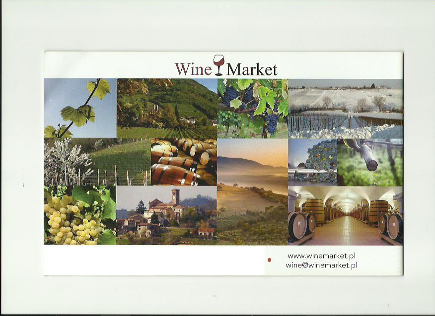 Kolaż zdjęć przedstawiający winnice, krajobrazy, beczki i logo Wine Market