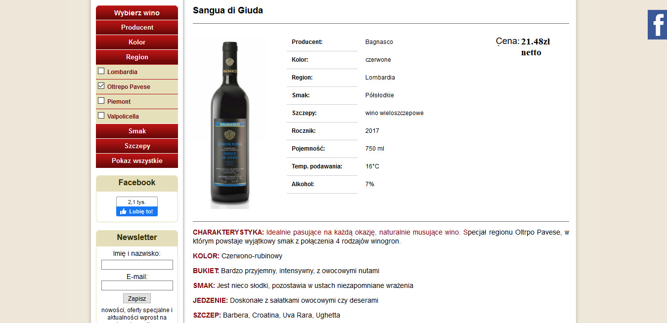 Butelka czerwonego wina Bagnasco Sangua di Giuda z regionu Oltrepo Pavese, prezentowana na stronie internetowej ze szczegółowymi informacjami o producencie, kolorze, regionie, smaku, szczepach...