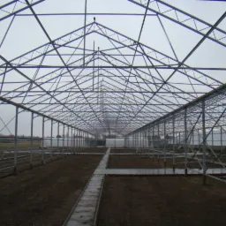 Wnętrze szkieletu dużej szklarni z metalową konstrukcją, widok w perspektywie z ziemią przygotowaną pod uprawy.