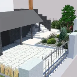 Wizualizacja projektu zagospodarowania terenu przed nowoczesnym domem z szarą elewacją, obejmująca taras z jasnej kostki, schody wejściowe, rabaty z roślinnością ozdobną oraz ogrodzenie metalowe...