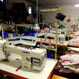 Wnętrze szwalni z rzędem stanowisk pracy wyposażonych w przemysłowe maszyny do szycia JUKI, oświetlone lampami, z widocznymi stosami materiałów i narzędziami krawieckimi.