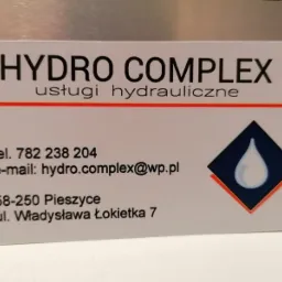 Wizytówka firmy Hydro Complex oferującej usługi hydrauliczne, z numerem telefonu, adresem e-mail i adresem siedziby.