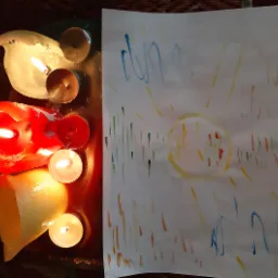 Aromatyczne świece w różnych kolorach i kształtach, obok dziecięcy rysunek słońca z promieniami, tworzą relaksującą atmosferę.