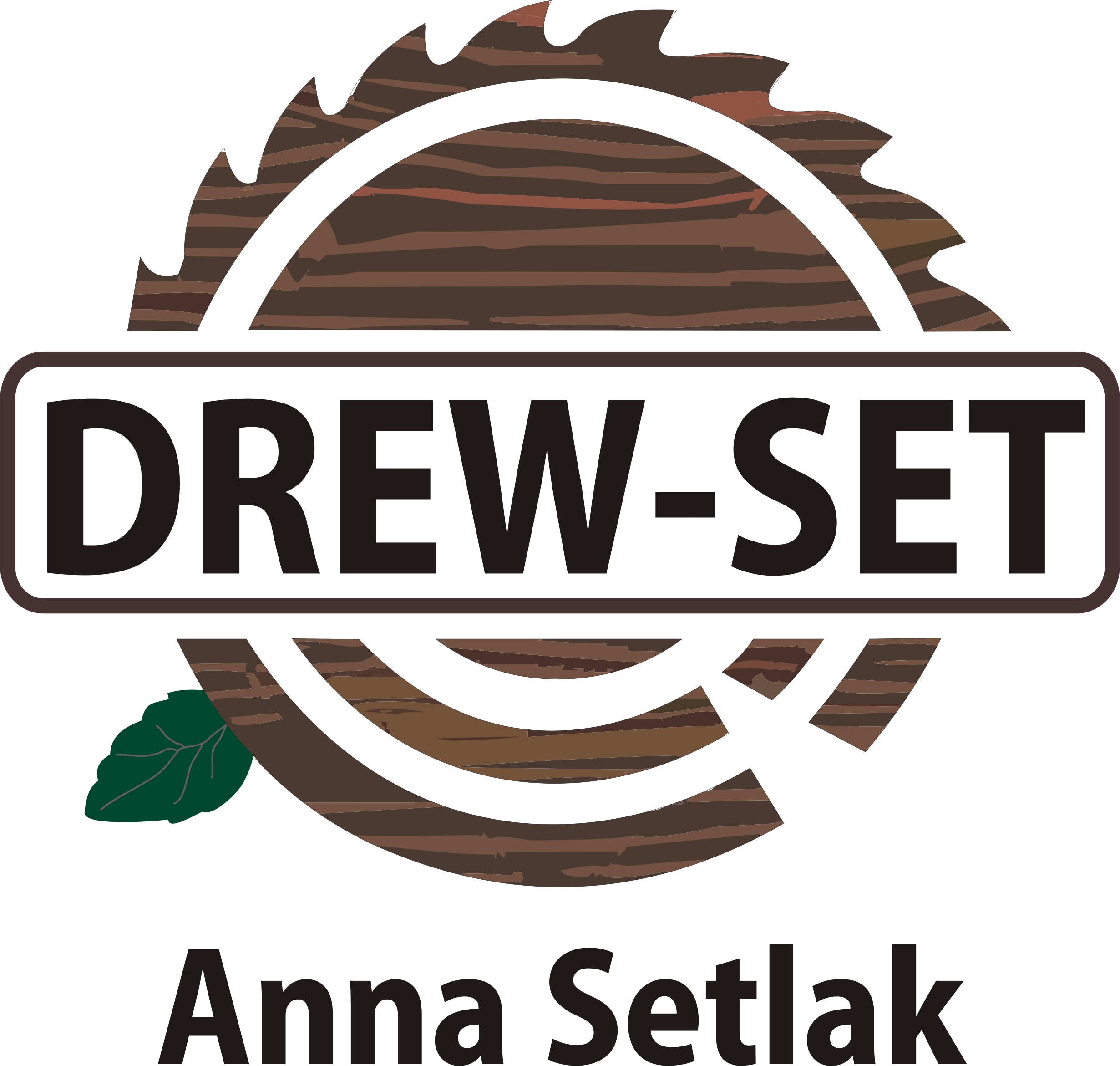 Logo firmy Drew-Set z motywem piły tarczowej wypełnionej teksturą drewna, nazwa firmy w prostokątnej ramce i dopiskiem 'Anna Setlak'.