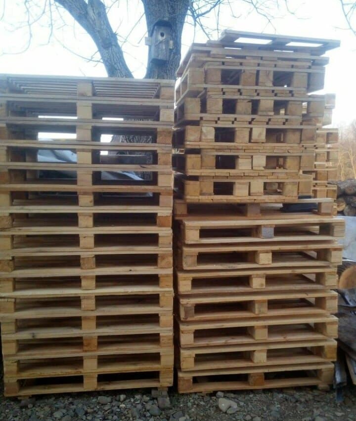 Dwa stosy jasnych, drewnianych palet ułożone na kamienistym podłożu, z drzewem i budką dla ptaków w tle.