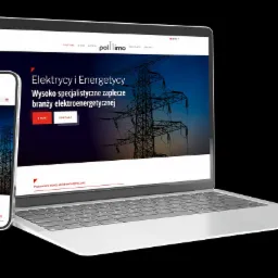 Responsywna strona internetowa firmy z branży elektroenergetycznej wyświetlana na laptopie i smartfonie, z widoczną konstrukcją linii wysokiego napięcia w tle.
