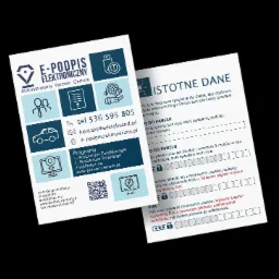 Dwa ulotki informacyjne dotyczące e-podpisu elektronicznego, z logo Certum, instrukcjami instalacji certyfikatu, danymi kontaktowymi i informacjami o programach, leżące na białym tle pod kątem.