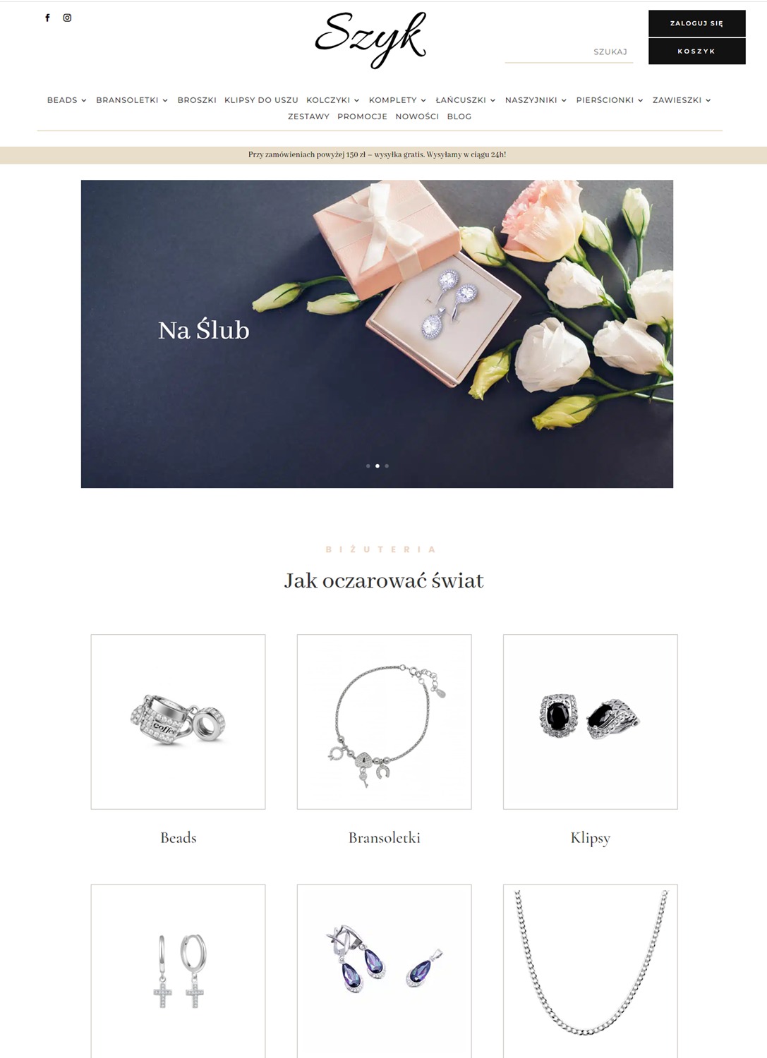 Elegancka strona internetowa sklepu z biżuterią, prezentująca ofertę ślubną: kolczyki w ozdobnym pudełku na tle kwiatów.