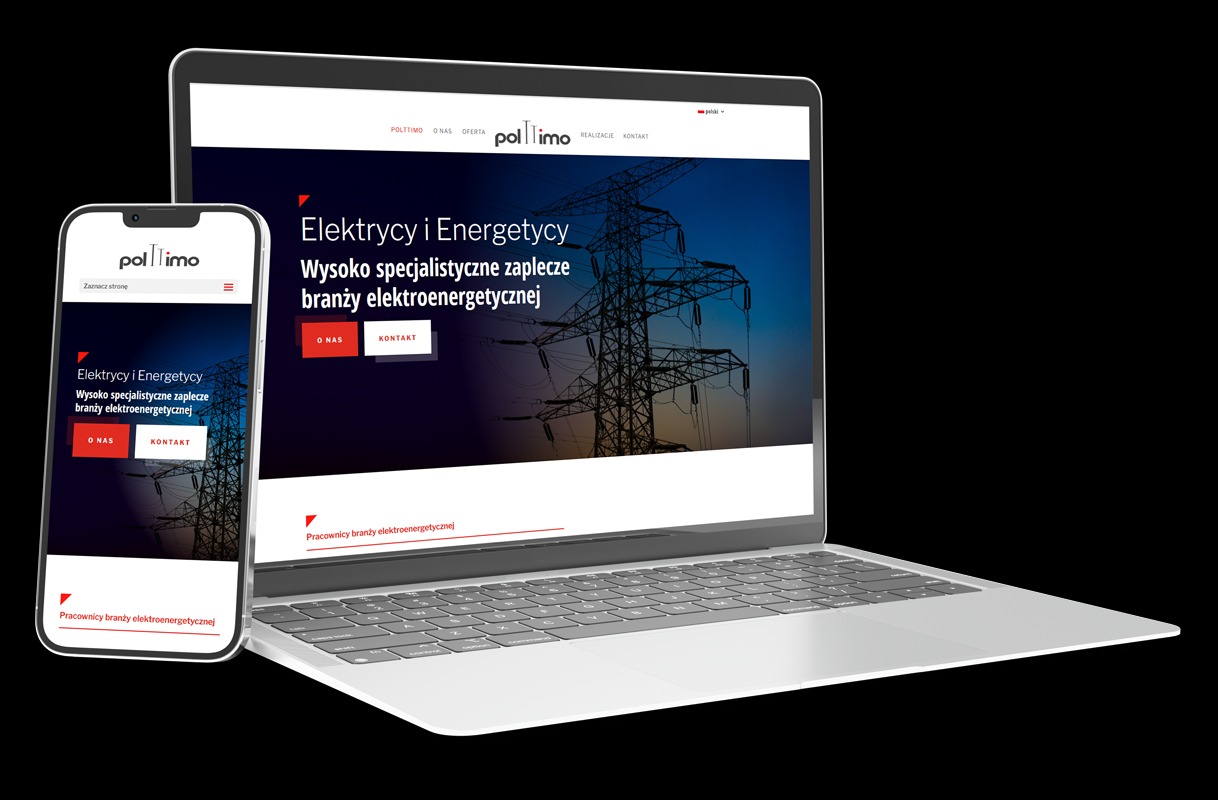 Responsywna strona internetowa firmy z branży elektroenergetycznej wyświetlana na laptopie i smartfonie, z widoczną konstrukcją linii wysokiego napięcia w tle.