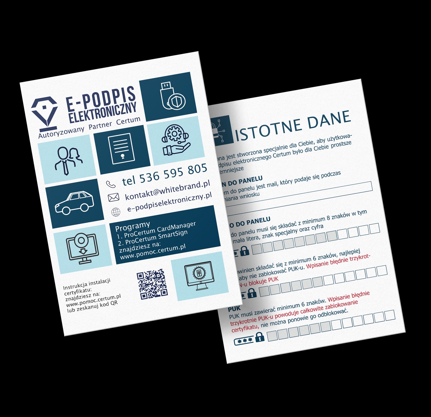 Dwa ulotki informacyjne dotyczące e-podpisu elektronicznego, z logo Certum, instrukcjami instalacji certyfikatu, danymi kontaktowymi i informacjami o programach, leżące na białym tle pod kątem.
