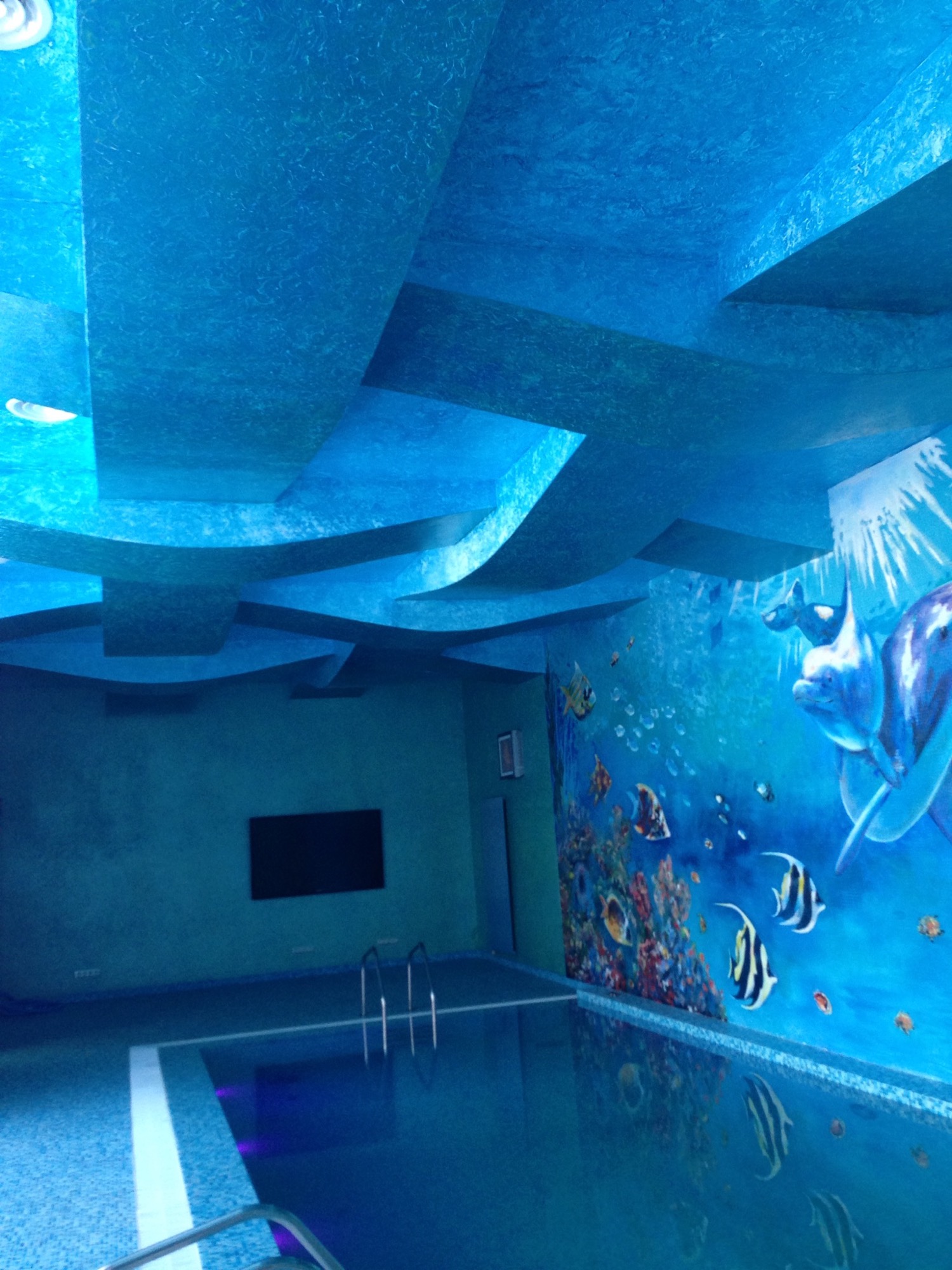 Błękitny basen z dekoracyjnym, podwieszanym sufitem o nieregularnym kształcie i ścianą z malowidłem przedstawiającym podwodny świat z delfinami i rybami.