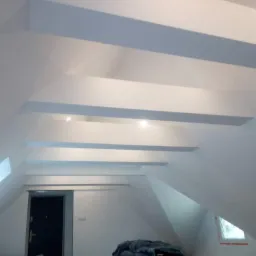 Wykończone poddasze ze skośnym sufitem i widocznymi belkami konstrukcyjnymi, pomalowane na biało, z oknem dachowym i drzwiami po lewej stronie.