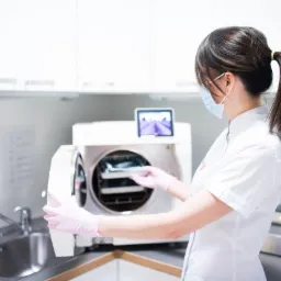 Pracownik w rękawiczkach otwiera autoklaw z wyświetlaczem w gabinecie lekarskim, widoczny zlew i szafki.