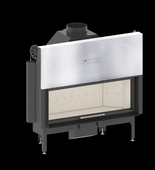 Wkład kominkowy Hitze z płaszczem wodnym i szamotowym wyłożeniem wewnątrz, widoczny mechanizm podnoszenia szyby