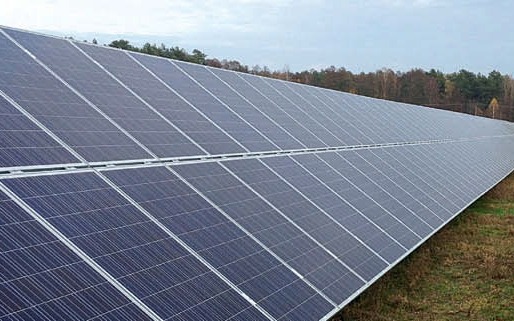 Rozległa instalacja paneli słonecznych na polu, widok z niskiej perspektywy, pochmurne niebo w tle.