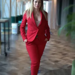 Kobieta w czerwonym garniturze, z rękami w kieszeniach, stoi w eleganckim wnętrzu z drewnianą podłogą i dekoracyjnymi lampami.