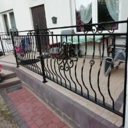 Czarna, ozdobna barierka z metalu przed wejściem do domu, z widocznymi zakręconymi elementami dekoracyjnymi i donicą z czerwonymi kwiatami na schodach.