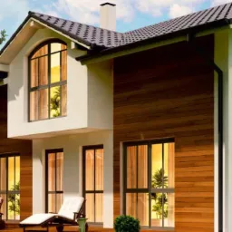 Elewacja dwukondygnacyjnego domu z dużymi oknami i drewnianą okładziną, widok z przodu, na tarasie leżaki.