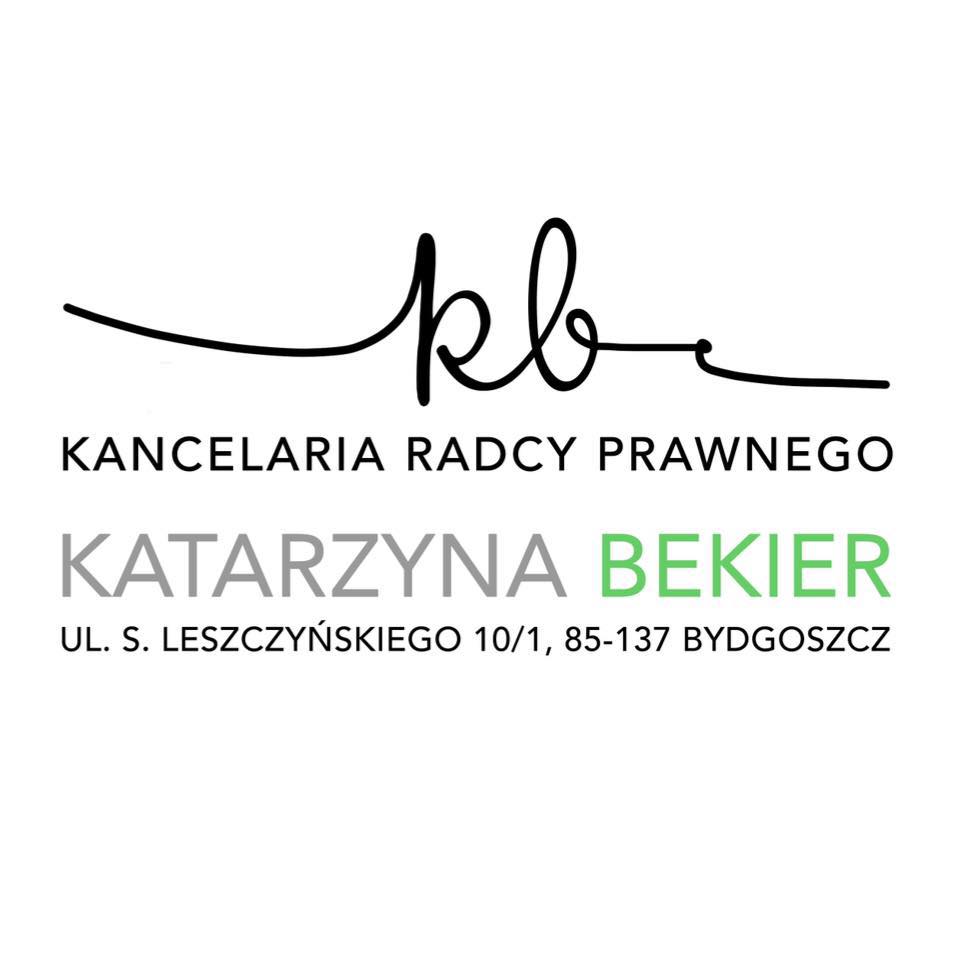 Logo Kancelarii Radcy Prawnego Katarzyny Bekier z Bydgoszczy, czarne inicjały KB nad nazwą i adresem.