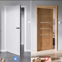 Dwa rodzaje skrzydeł drzwiowych: białe z czarną krawędzią i klamką oraz drewniane z czterema poziomymi przeszkleniami, każde z inną fakturą podłogi.