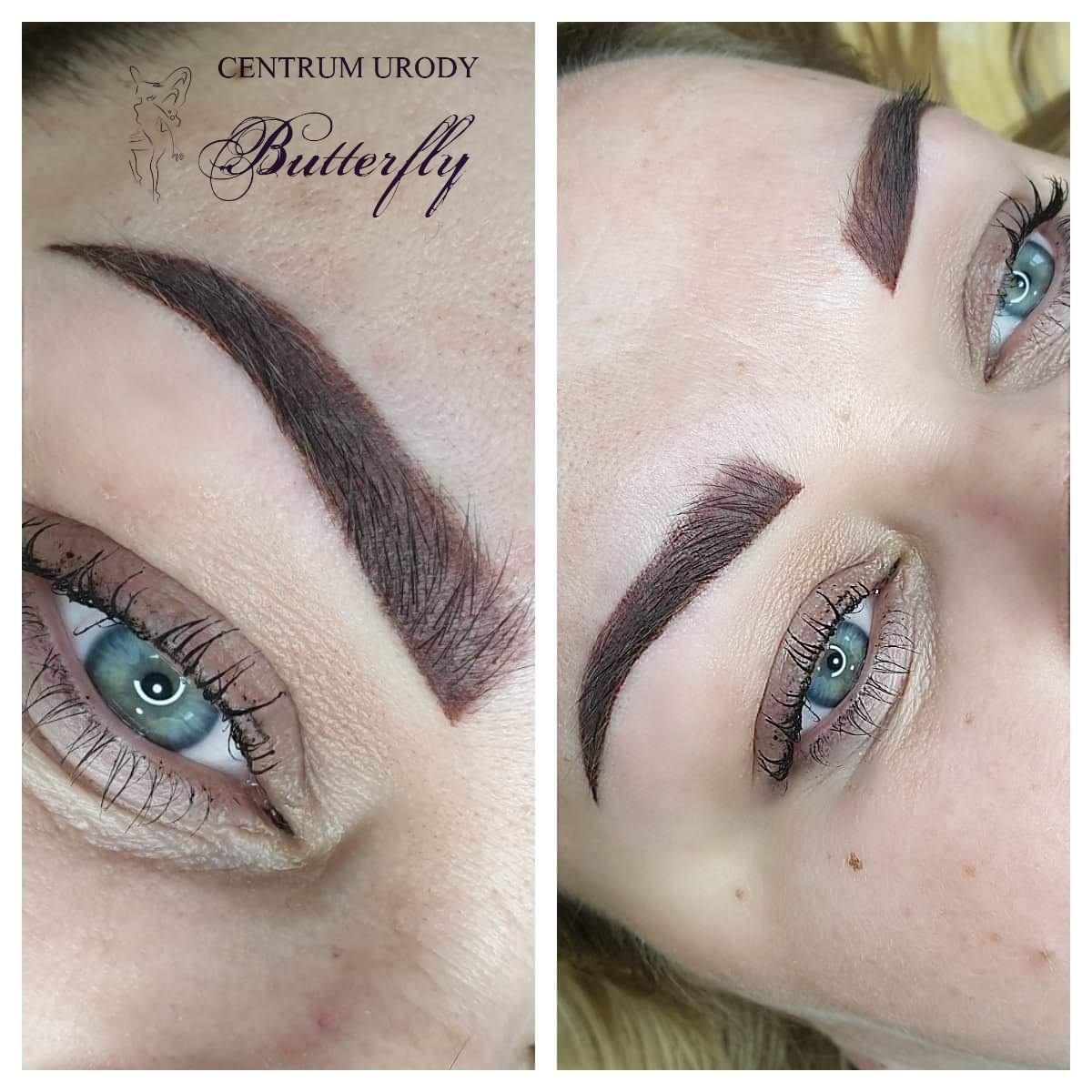 Zbliżenie na kobiece oczy po zabiegu pigmentacji brwi, widoczne brwi o regularnym kształcie i ciemnym kolorze, na skórze widnieje logo salonu.