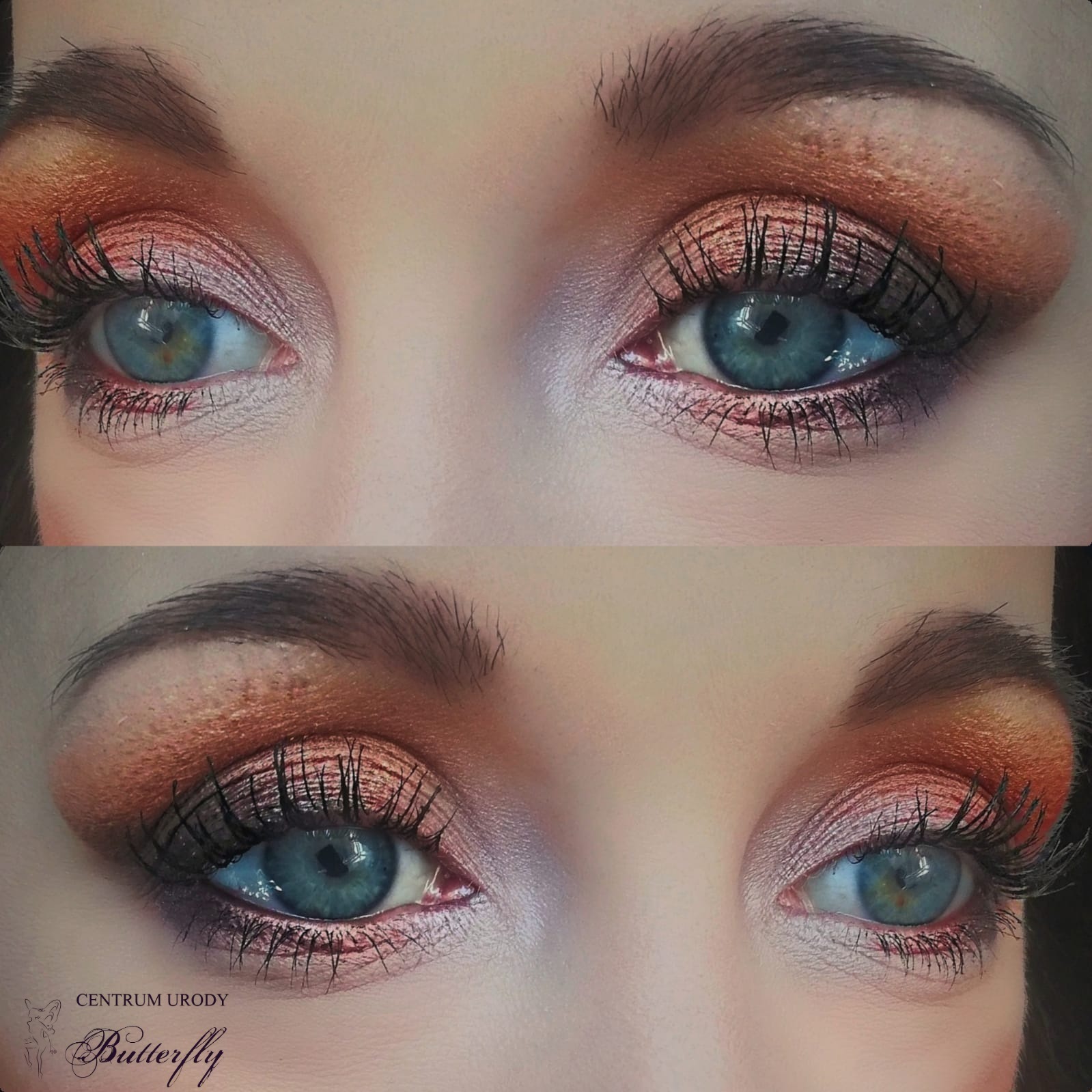 Zbliżenie na oczy z intensywnym, miedziano-złotym cieniem na powiekach, podkreślone długimi, czarnymi rzęsami. Widoczne subtelne, różowe akcenty pod dolną powieką i wyregulowane brwi. W lewym...