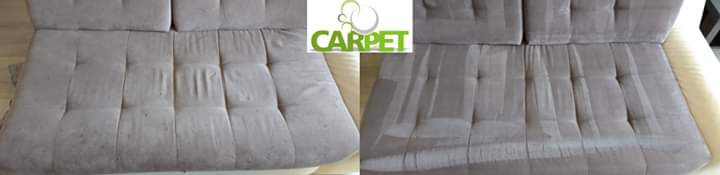 Porównanie stanu kanapy przed i po czyszczeniu, widoczne wyraźne różnice w kolorze i czystości tapicerki, z lewej strony widoczne zabrudzenia, z prawej odświeżona powierzchnia.