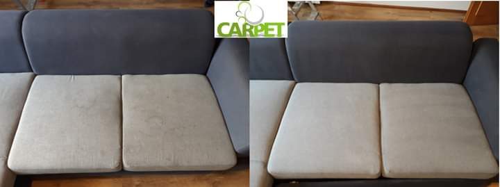 Porównanie stanu sofy przed i po czyszczeniu: wyraźna różnica w odcieniu i czystości siedzisk, z widocznym logo firmy czyszczącej w górnej części kadru.