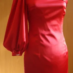 Czerwona, satynowa sukienka na jedno ramię z dekoracyjnym kwiatem, prezentowana na manekinie w pracowni w Oławie. Widoczny etap szycia lub dopasowywania odzieży.