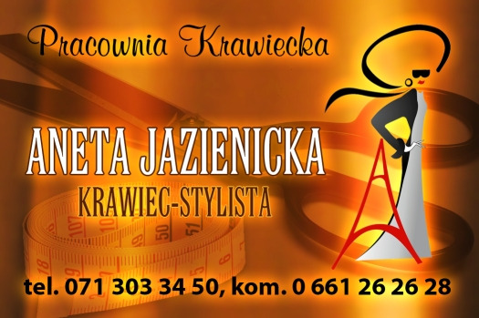 Wizytówka pracowni krawieckiej z imieniem i nazwiskiem właściciela, telefonami kontaktowymi, grafiką przedstawiającą sylwetkę kobiety w kapeluszu i nożyczkami oraz miarą krawiecką.