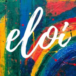 Abstrakcyjne malowidło z grubymi pociągnięciami farby w odcieniach zieleni, niebieskiego, czerwieni i żółci, z białym napisem 'eloi' na wierzchu.