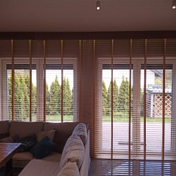 Remofleks Mateusz Ranachowski - Salon z dwoma oknami przesłoniętymi drewnianymi żaluzjami poziomymi, widok na ogród z tujami i drewutnią.