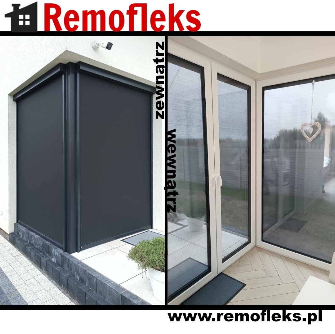 Porównanie: Zewnętrzna, czarna roleta zwijana na tarasie i wewnętrzna, szara roleta w oknie z widokiem na ogród, prezentowane obok siebie.