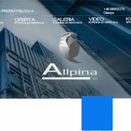 Strona internetowa firmy Alppina.pl oferującej usługi alpinistyczne, z sylwetką alpinisty na ścianie i kontenerami w tle.