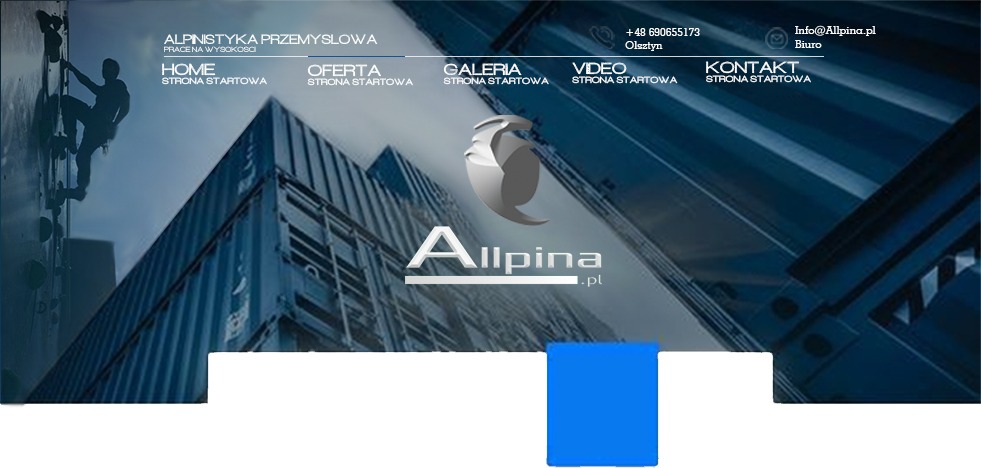 Strona internetowa firmy Alppina.pl oferującej usługi alpinistyczne, z sylwetką alpinisty na ścianie i kontenerami w tle.