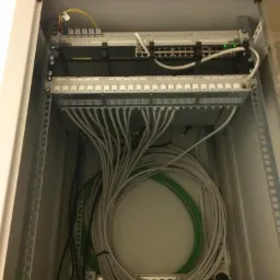 Szafa rack z patch panelem, switchem i uporządkowanymi kablami Ethernet w kolorach szarym i zielonym, widoczne porty światłowodowe.